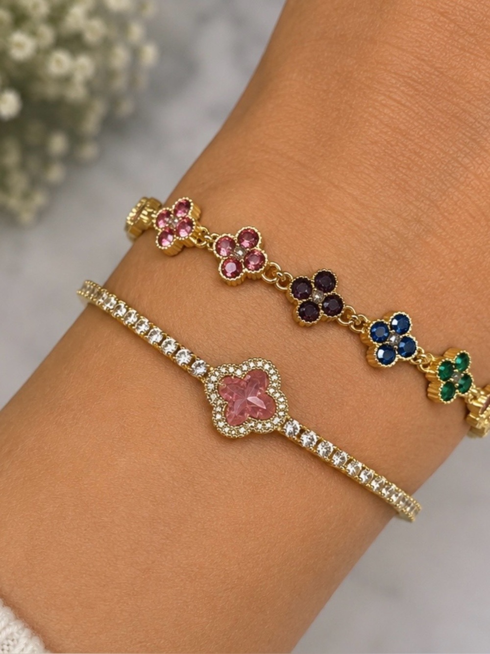 2 Bracelet Bundle:New Multi Mini Clover Crystal Bracelet AND tennis bracelet